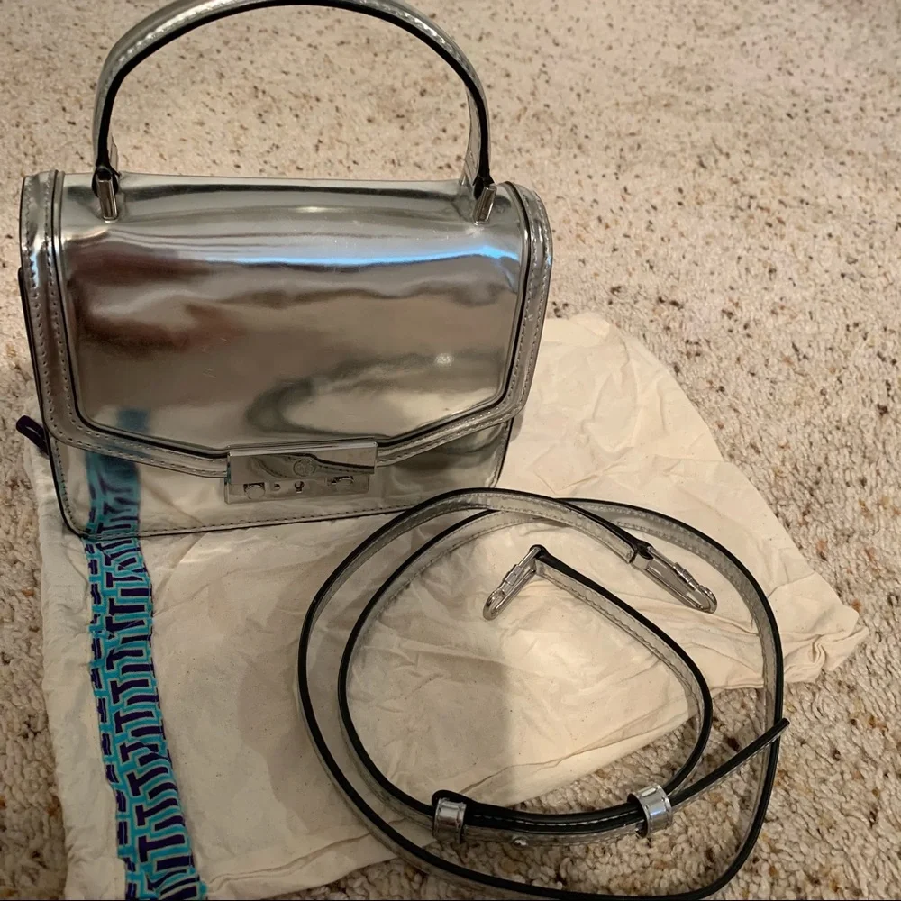 Tory Burch Metallic Silver Top-Handle Satchel